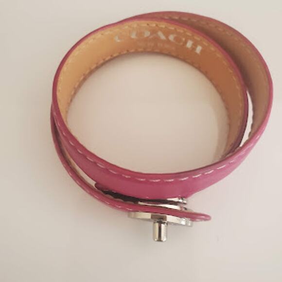 Coach Double Wrap‎ Leather Bracelet Berry Pink with Blue Enamel Turn Lock Clasp - Picture 6 of 10